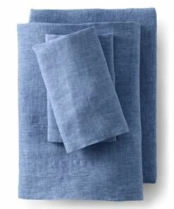 Outlet 🎁 Garment Washed Chambray Belgian Flax Linen Breathable Bed Sheet Set Mariner Blue 🔔