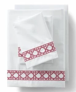 Best Pirce 🛒 400 Thread Count Premium Supima Cotton No Iron Sateen Embroidered Cane Weave Bed Sheet Set White/Soft Mojave Rose 💯