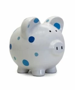 New 🥰 Child to Cherish Ceramic Polka Dot Piggy Bank Gray 😀