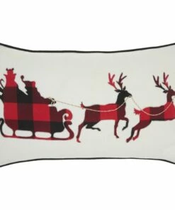 Outlet ⌛ Mina Victory 🎄 Christmas Plaid Santa Sleigh Decorative Throw Pillow ✔️