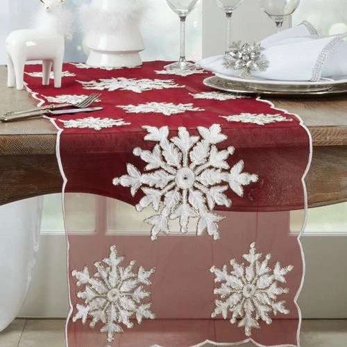 Cheapest โ๏ธ Saro Lifestyle Holiday Embroidered Beaded Snowflake 16x72 Table Runner โจ - Image 2