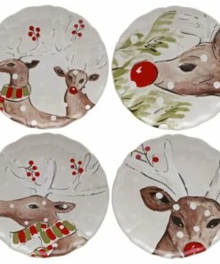 Outlet ⭐ Casafina 🎅 Christmas Deer Friends Set of 4 Dinner Plates 🛒